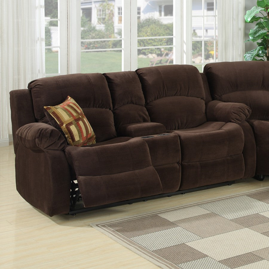 Chocolate Polyester Transitional Love Seat with Storage Console and 2 Cupholders