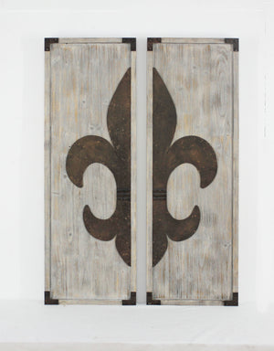 2" X 15.75" X 47.25" Set Of Wood Wall Plaques With Metal Fleur-De-Lis Pattern