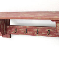 9.75" X 8" X 30" Red Vintage Wooden Wall Shelf With 4 Metal Hooks