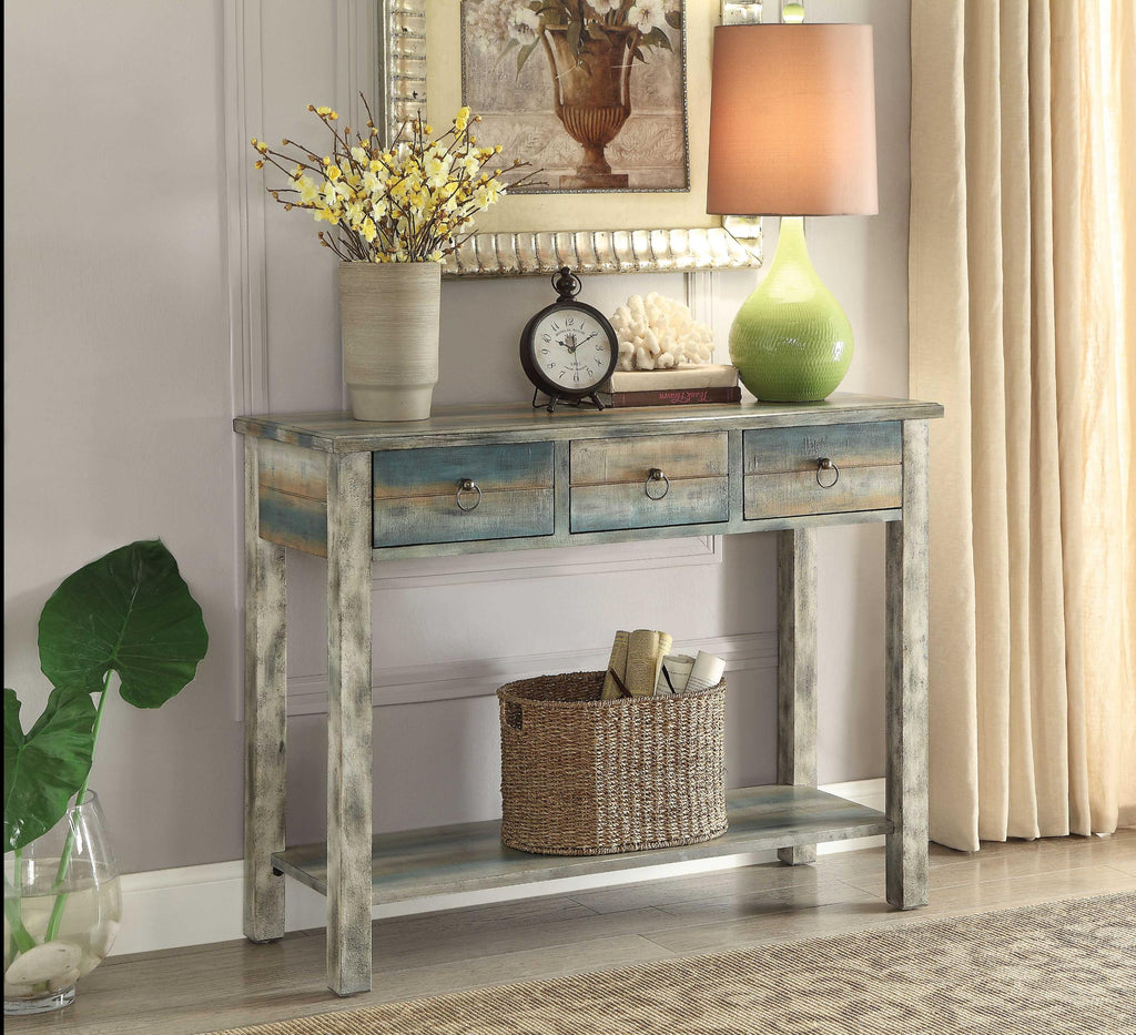 42" X 16" X 32" Antique White And Teal Wooden Console Table