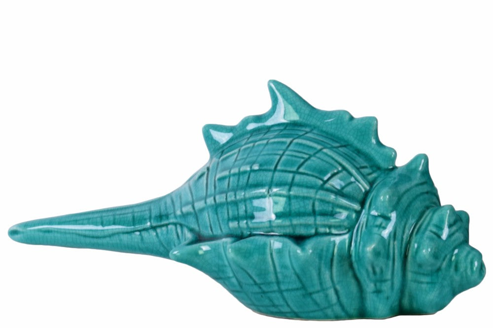 Ceramic Conch Seashell Figurine Distressed Gloss Finish Blue