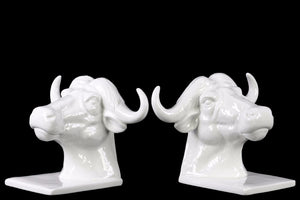 Ceramic Cape Buffalo Head Bookend Assortment of 2 - White