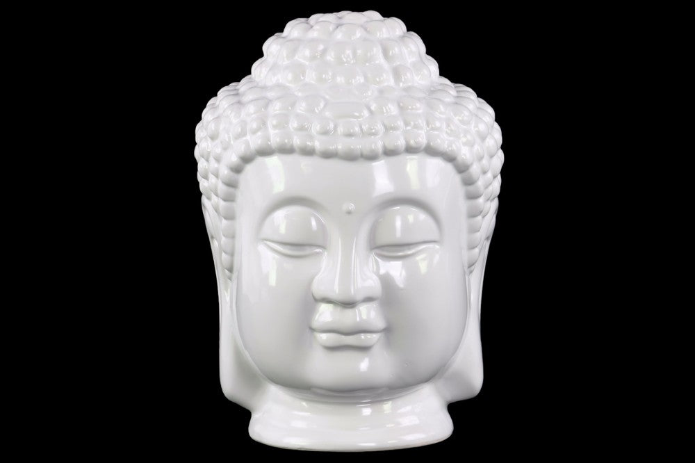 Ceramic Buddha Head with Beaded Ushnisha - White