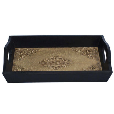 Handmade Serving Tray With Embossed Brass Work In Wood Frame