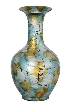 18" Foiled & Lacquered Ceramic Vase - Ceramic, Lacquered In Mint And Gold W- Black Sh