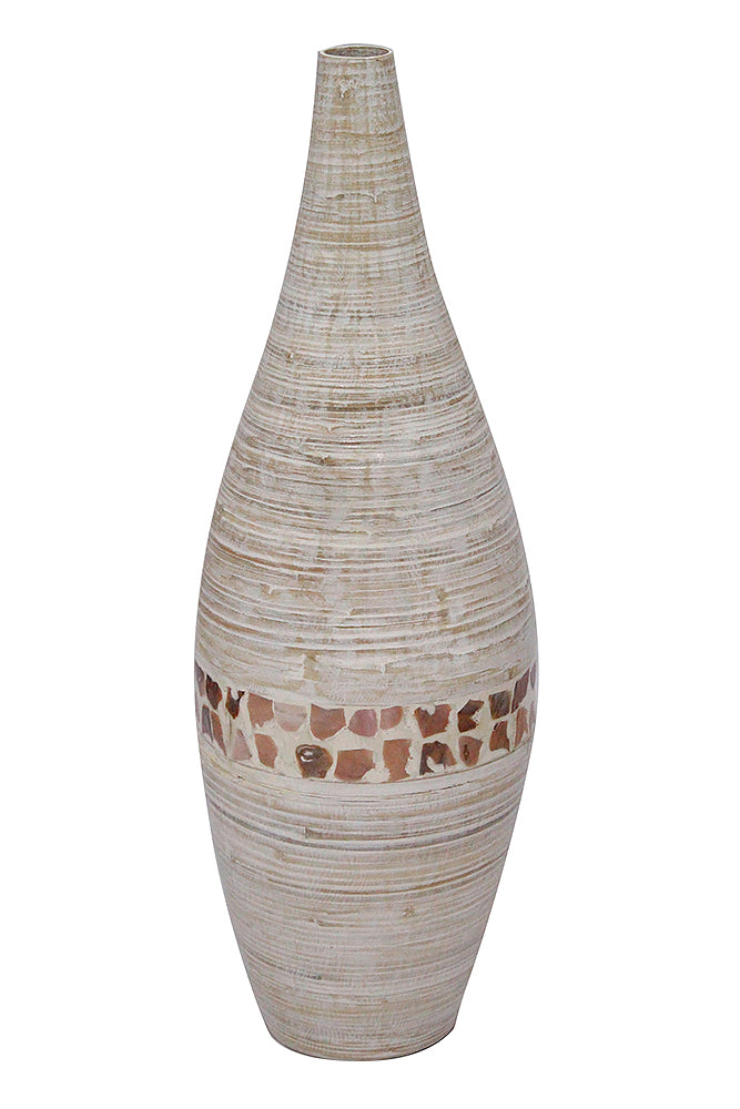 31" Spun Bamboo Floor Vase - Bamboo In Distressed White W- Coconut Shell