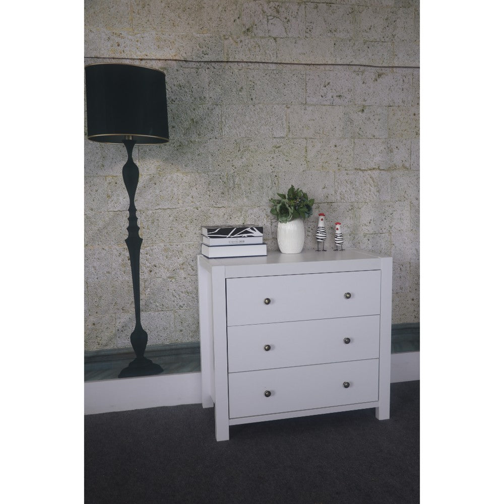 Shiny White Finish 3 Drawers Chest With Metal Glides