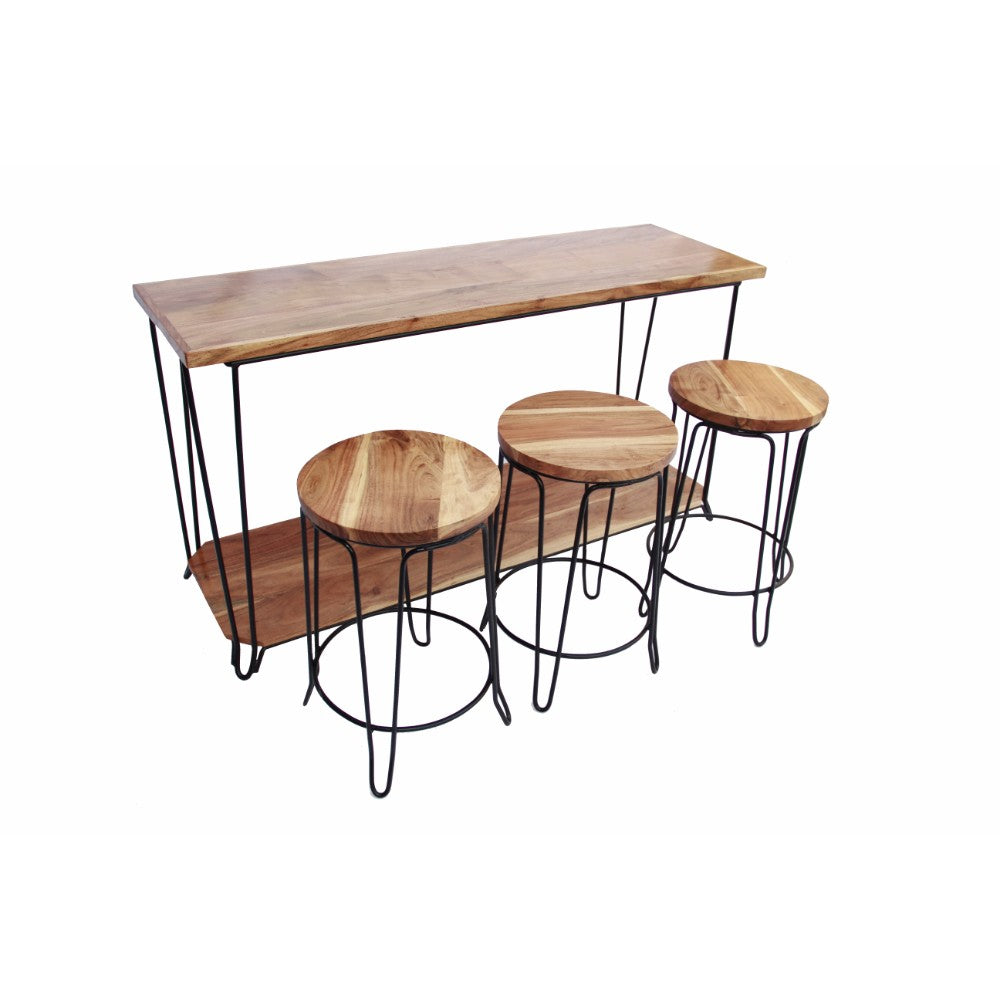 Rectangular Bar Dining Table With 3 Round Stools, Pack Of 4, Brown and Black