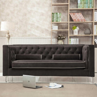 Brown Contemporary Polyester Velvet Fabric Upholstered Button Tufted Tuxedo Sofa