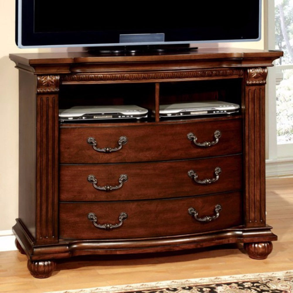 Wooden Media Chest with beautiful carvings, Cherry Brown