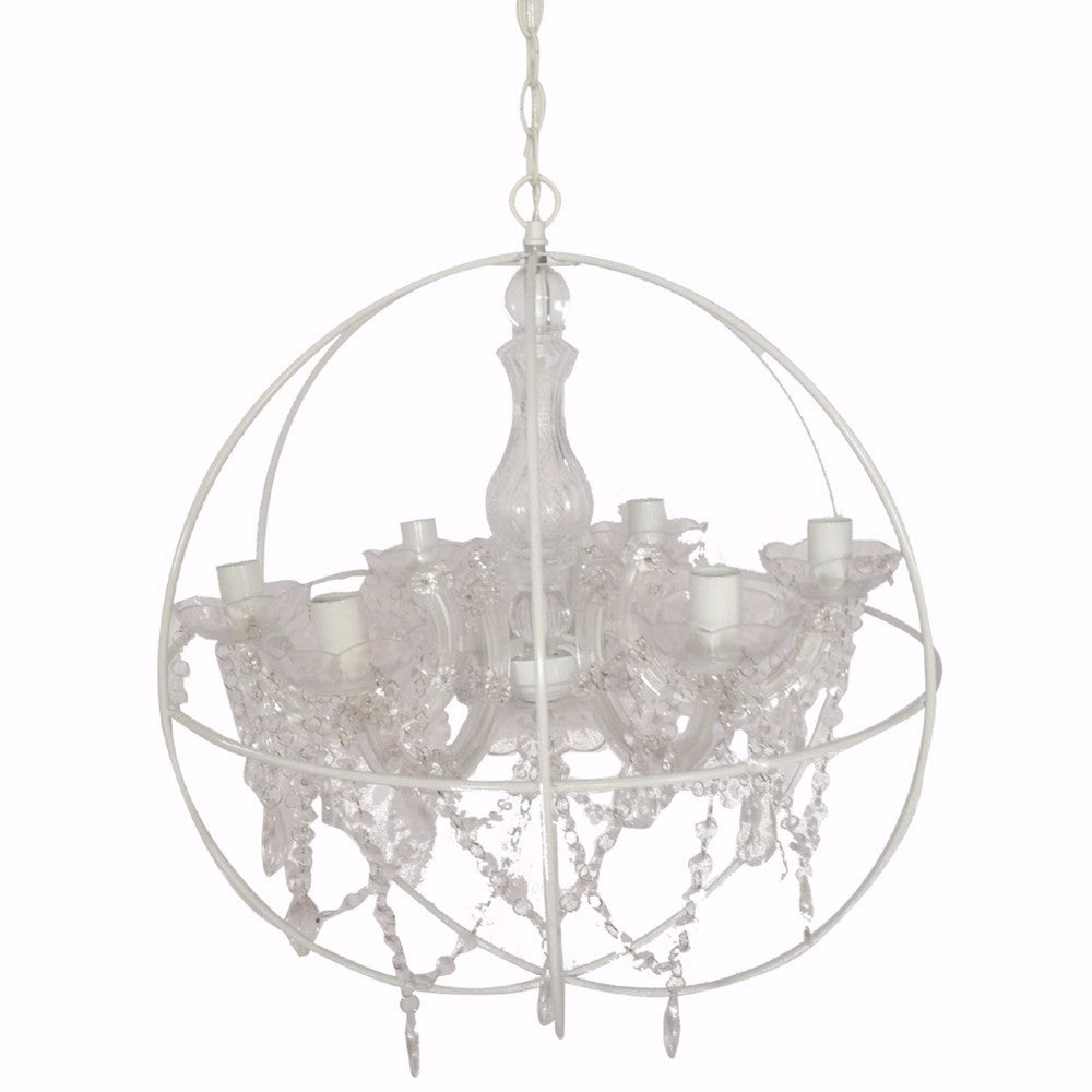 Round Cage Styled Metal Chandelier With Crystal hangings, White and Clear