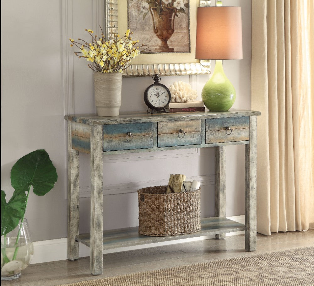 Beautiful Console Table, Antique Oak & Teal Blue