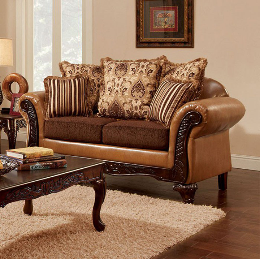 Traditional Love Seat, Camel & Dark Brown