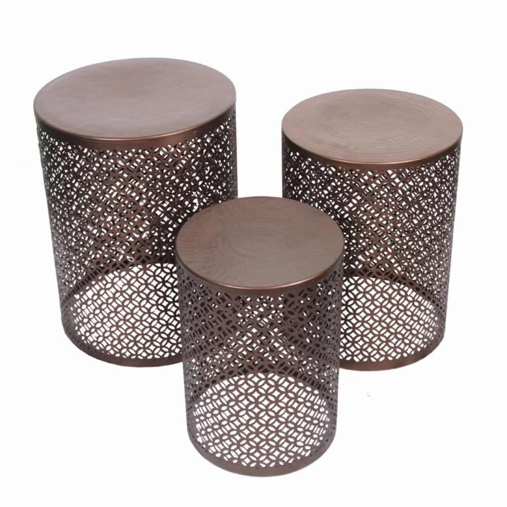 Stylish 3 Piece Round Stools With Cutouts Pattern, Copper