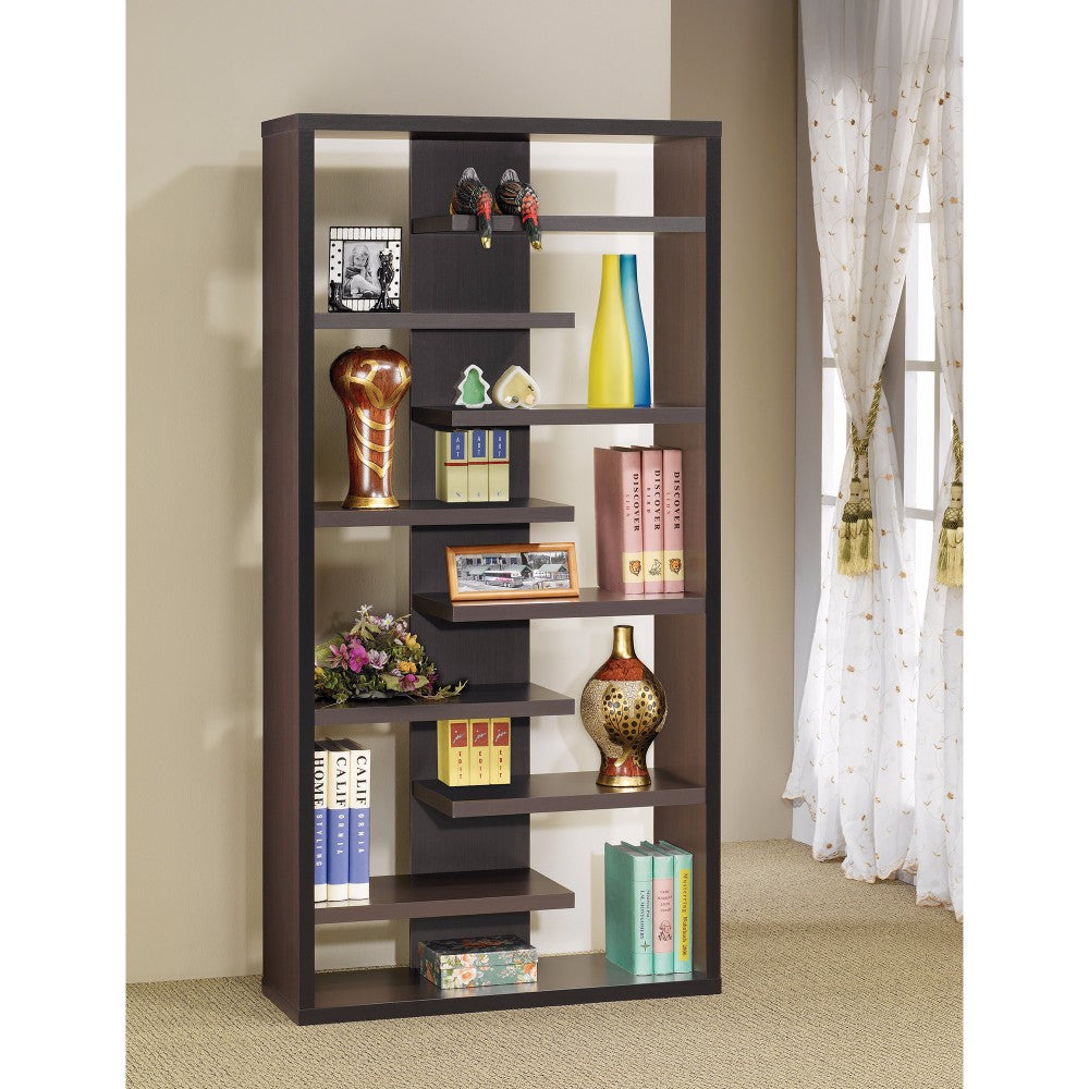 Expressive Wooden Bookcase with Center Back Panel, Brown