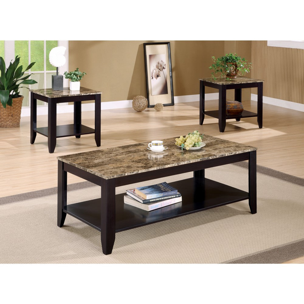 Artistic 3 piece Occasional Table Set with Marble Top, Brown