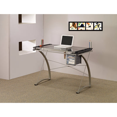 Sophisticated Metal Drafting Desk With Tempered Glass Top, Gray