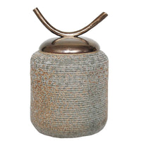 Porcelain Covered Jar With Ox Horn Lid Decor, Bronze And Gray