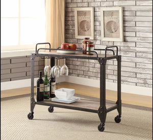 Metal and Wood Serving Cart, Rustic Oak & Black