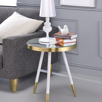 Round End Table, Smoky Mirror-Antique Brass & White