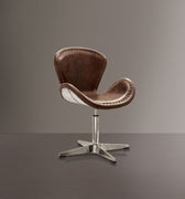 Retro Top Grain Leather Accent Chair with Swivel, Brown & Silver