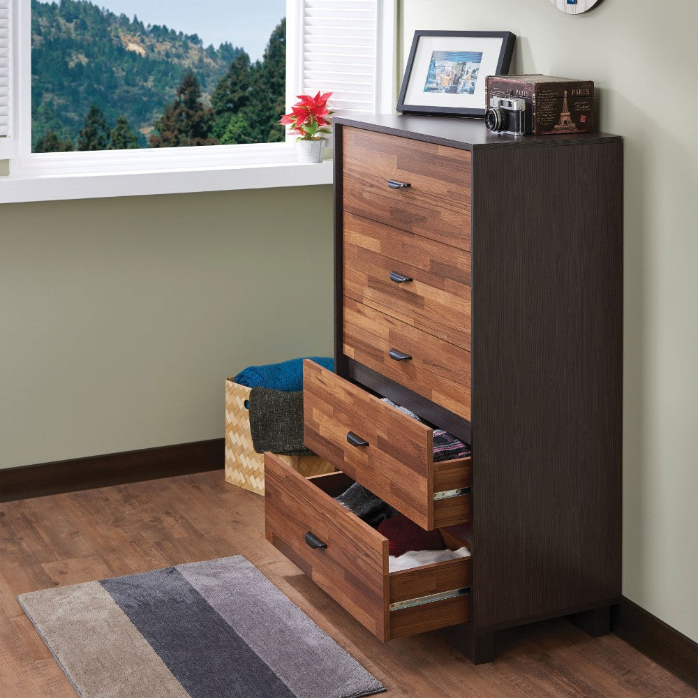 Wooden Chest with 5 Drawers, Walnut & Espresso Brown