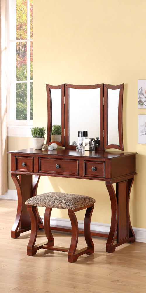 Vanity Set Featuring Stool And Mirror Cherry Brown