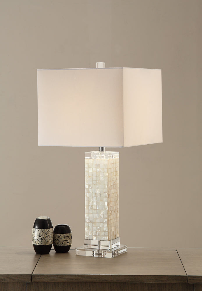 Modish Rectangular Shell Crystal Fabric Shade Table Lamp White Set of 2