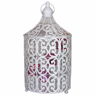 Snowy Metal Bird Caged Lantern,White-Pink