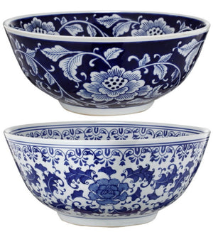 Set Of 2 Ceramic Bowls, Blue And White,