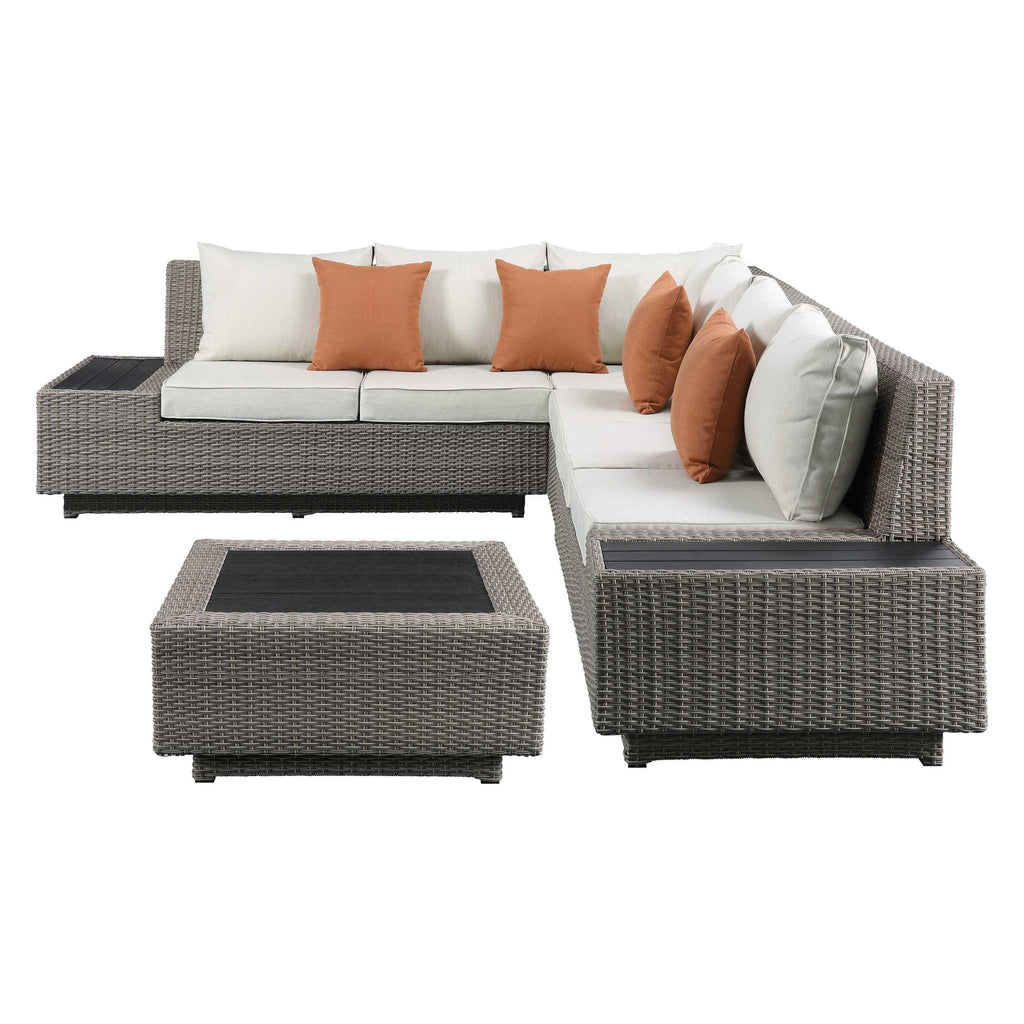 126" X 100" X 30" Beige Fabric And Gray Wicker Patio Sectional And Cocktail Table