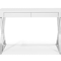 Desk Large, High Gloss White, Two Drawers, Stainless Steel Base