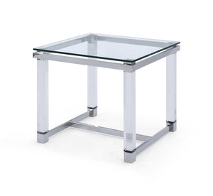 Side Table, 10 Mm Tempered Clear Glass Top, Polished Stainless Steel Frame, Acrylic Legs.