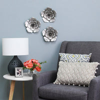 8.25" X 1" X 8.25" 3Pcs Silver Metal Wall Flowers