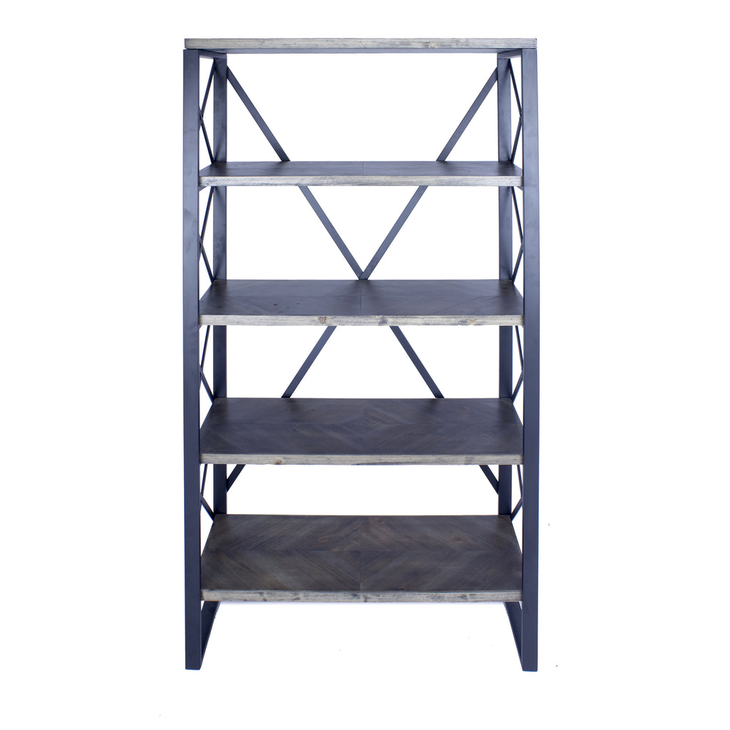 32.75" Natural and Grey Metal, Wood, and MDF Bookcase with 5 Shelves