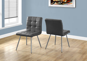 Two 31.5" Grey Leather Look, Foam, Polyurethane, and Chrome Metal Dining Chairs