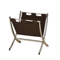 MAGAZINE RACK - DARK BROWN LEATHER-LOOK - CHROME METAL