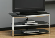 TV STAND - CHROME METAL - BLACK TEMPERED GLASS