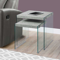 35.5" Grey Cement Particle Board and Clear Glass Two Pieces Nesting Table Set