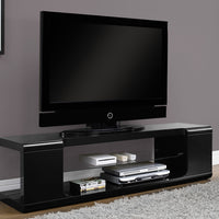 15.75" High Glossy Black MDF, Hollow Core, and Clear Tempered Glass TV Stand