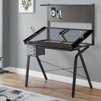 DRAFTING TABLE - ADJUSTABLE - GREY METAL - TEMPERED GLASS