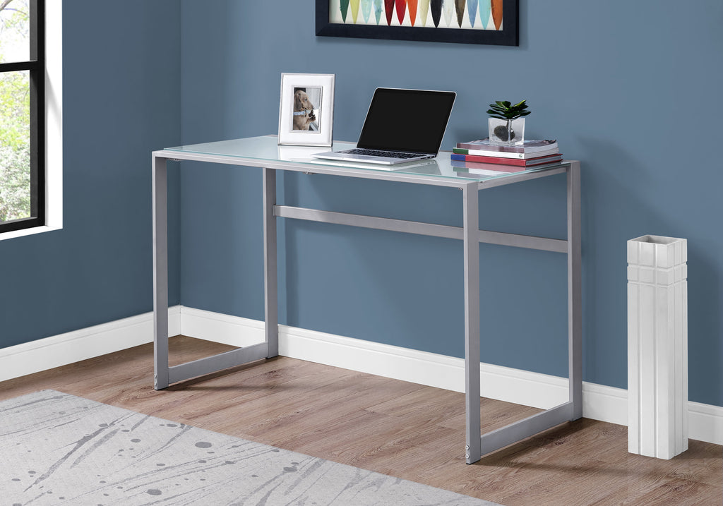 30" Silver Metal and White Tempered Glass Computer Desk