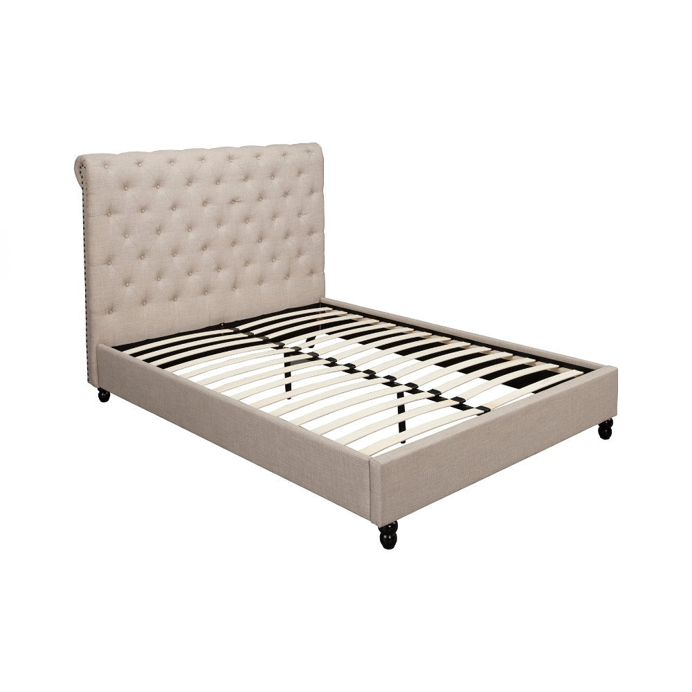 Poplar Wood Queen Size Tufted Upholstered Bed, Beige