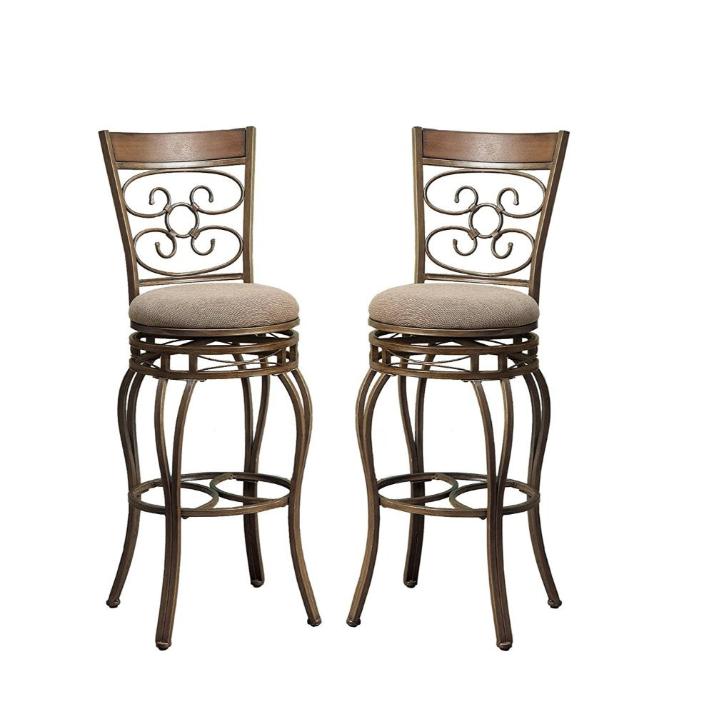 29 Inch Metal Swivel Barstool With Cushion Seat, Brown Set Of 2