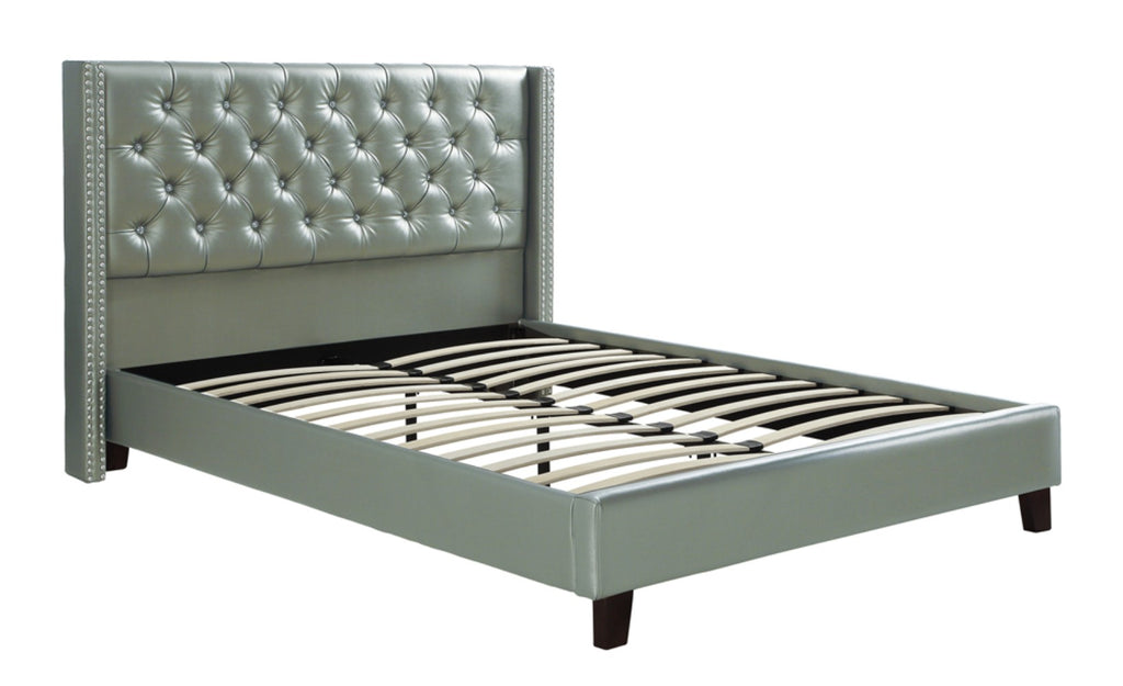 Faux Leather Upholstered Queen Size Bed Featuring Nail head Trim