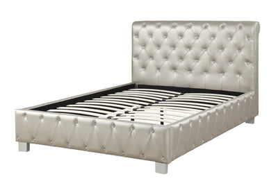 Polyurethane Leather Upholstered Button Tufted Queen Bed, Silver