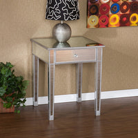 Mirrored Accent Table With Single Drawer, Silver