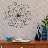 Metal Flower Wall Decor With Scroll Design, Black