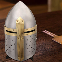 Medieval Metal Crusader Helmet, Gold and Silver