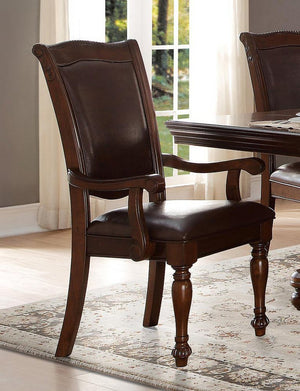 Wooden & Leather Dining Side Arm Chair, Brown, Set Of 2